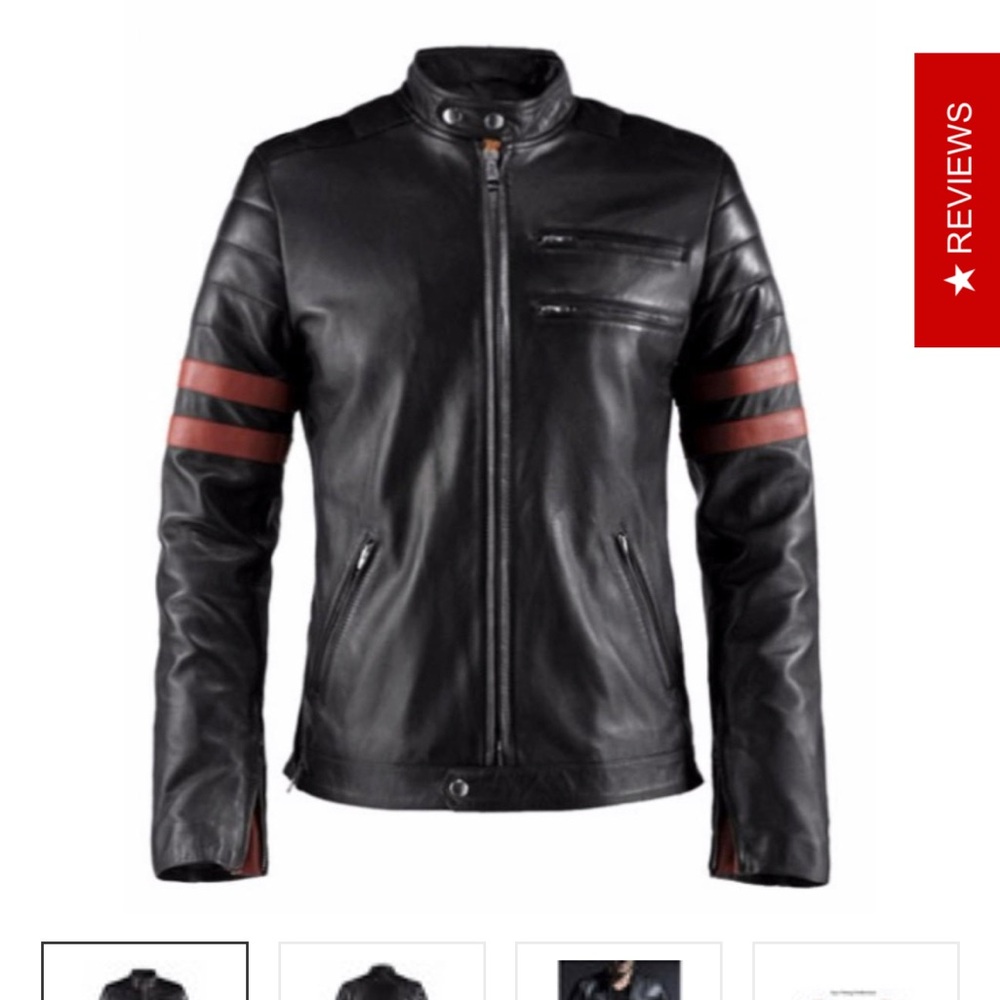 New rare Leather motorcycle jacket by Feather Skin XL black & red never worn!